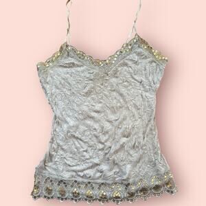 Vtg Y2K Lace Tank Top Womens Large Adjustable Strap Fairy Grunge Sequin Crinkle